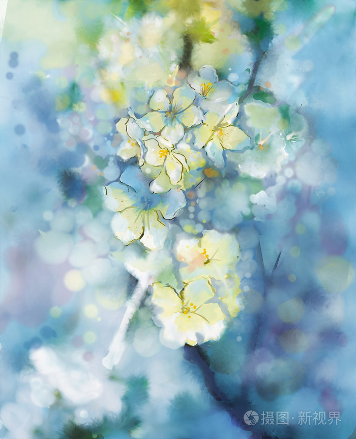 抽象水彩画白杏树花