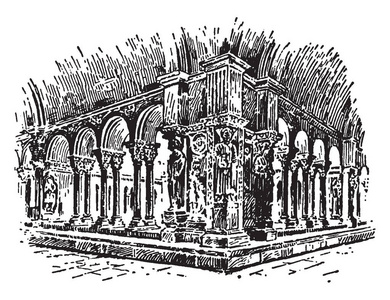回廊是建筑物的墙壁, 形成一个四边形, 回廊到大教堂或教堂有连续和坚实的建筑屏障, 复古线条画或雕刻插图