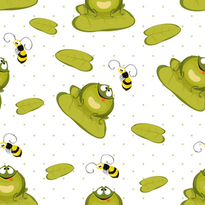 无缝背景的绿色圆的青蛙和蜜蜂图片