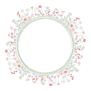 详细的轮廓花圈，浆果和香草上白色孤立。您设计的的圆形框架