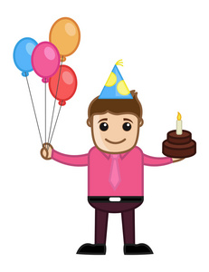 男子庆祝与蛋糕和气球卡通商务人物