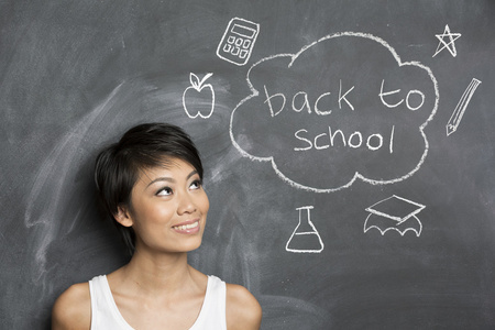 亚洲老师和黑板背对学校概念手博士照片