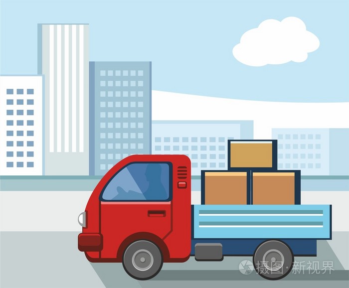一辆运载货物在城市的小卡车