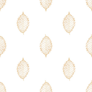 秋仙女抽象闪光透明金山毛榉叶骨架无缝图案。奢华的黄金色叶子在白色的背景上闪闪发亮。印花纺织品, 墙纸, 包装