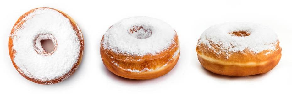 甜甜圈与糖粉, 查出在白色背景。从三个不同角度查看