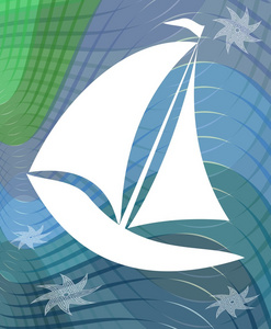 在天空背景上航行在抽象波浪背景上航行船剪影照片