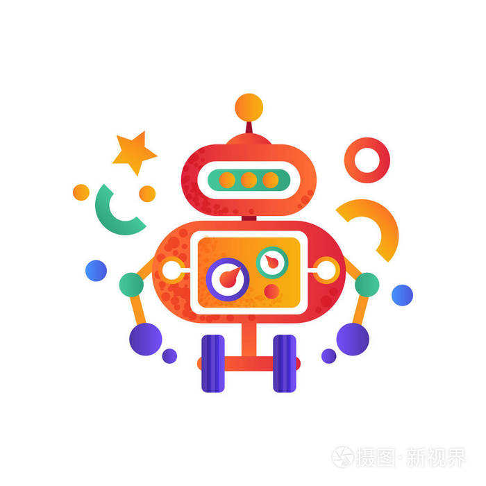 可爱有趣的机器人在车轮上, android 字符, 人工智能机器人机器彩色