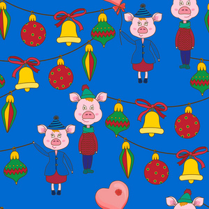 新年无缝模式与粉红色的猪和圣诞玩具在一个蓝色的背景