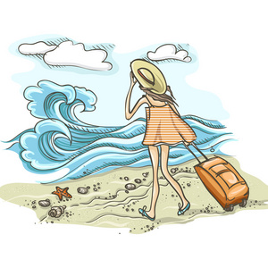 在海滩上的手提箱的女人