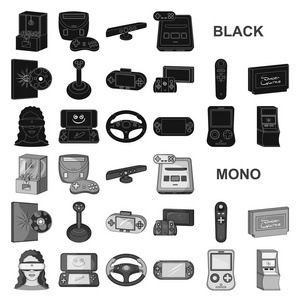 游戏控制台和虚拟现实的黑色图标集合中的设计。游戏小工具矢量符号股票网页插图