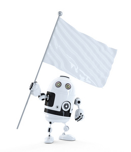 android 机器人与白色空白挥动旗子