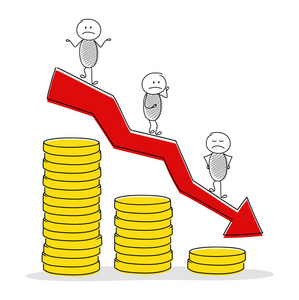 手画插图与减少硬币栈图和卡通人物.向量照片