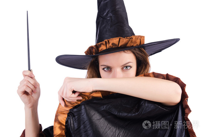巫婆与孤立在白色的魔杖