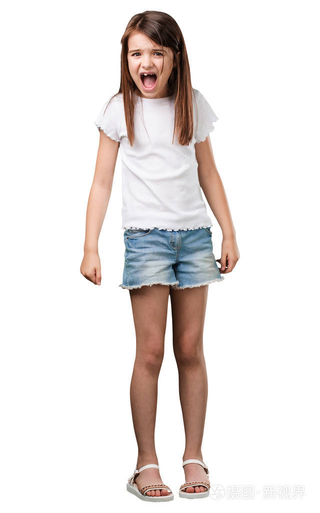 全身小女孩尖叫着生气表情疯狂和精神不稳定张开嘴巴半睁开眼睛疯狂的