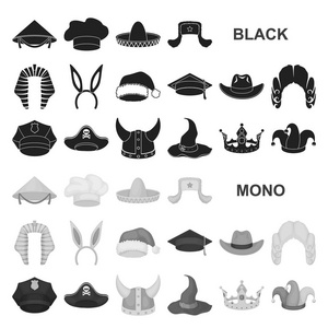不同类型的帽子黑色的图标集合中的设计。头饰矢量符号股票网页插图