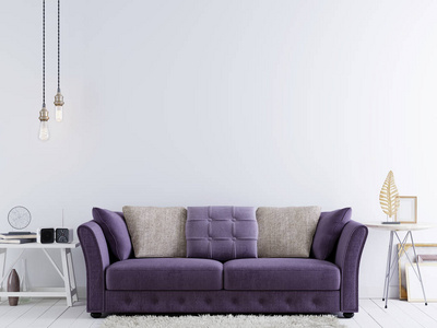 在现代时髦室内的白色墙壁上, 用紫色的沙发和白色的桌子来模拟空墙。3d 渲染