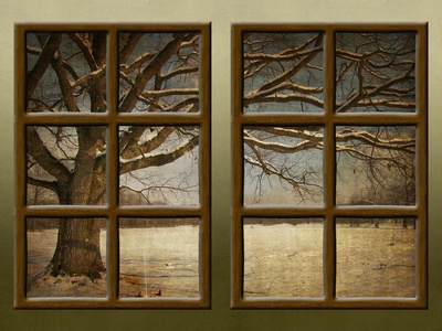 冬季通过木仿古窗口视图