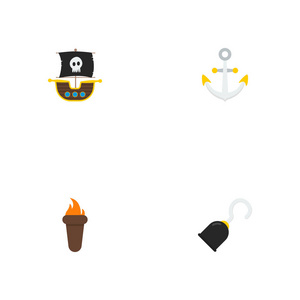 一套海盗船图标平面风格符号与船舶, 锚, 火炬和其他图标为您的 web 移动应用程序徽标设计