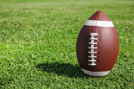球为美国橄榄球在新鲜的绿色领域草。文本空间