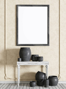 在经典的室内装饰海报框架与花瓶白色表。3d 渲染