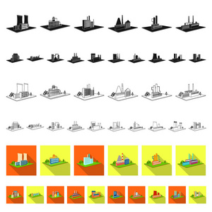 工厂和工厂平面图标集的设计。生产和企业向量等距符号库存 web 插图