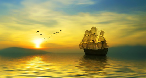 帆船日落鸟图片