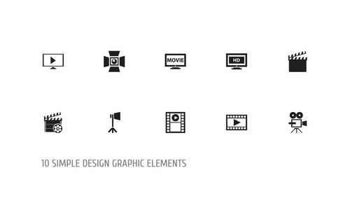 设置10个可编辑的影院图标。包括照相机启动发射广播等符号。可用于 web移动Ui 和图表设计