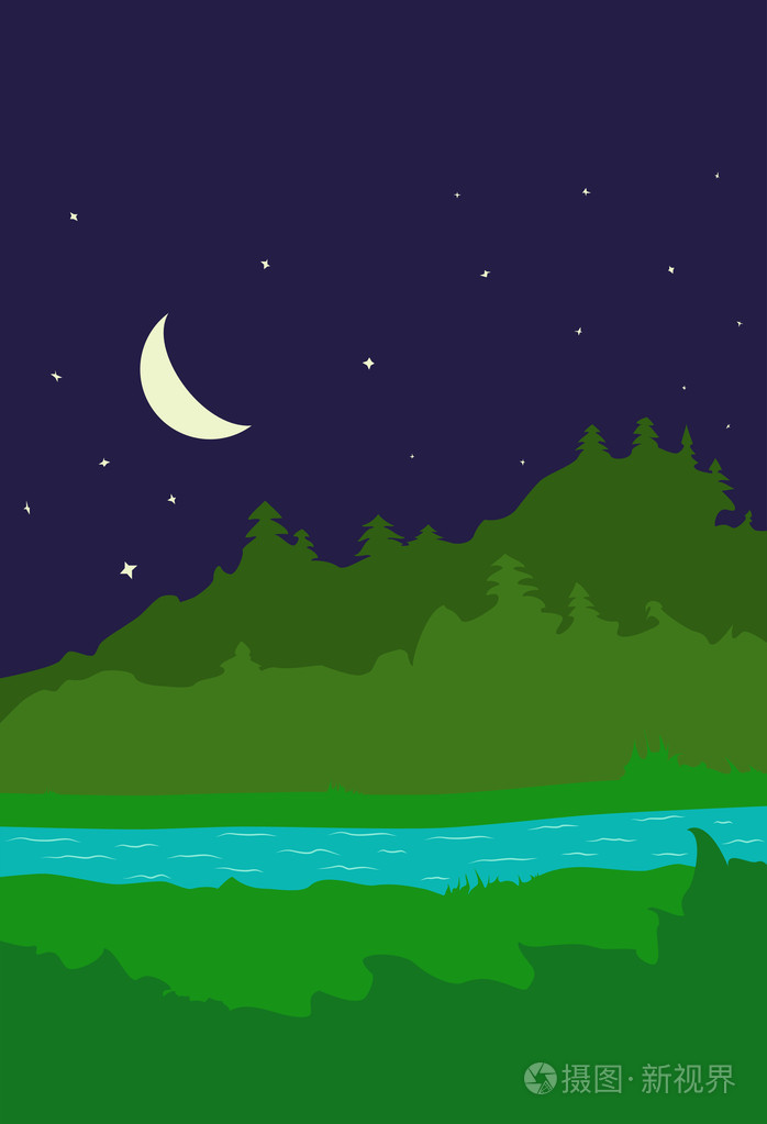 插图背景与森林和河流在晚上