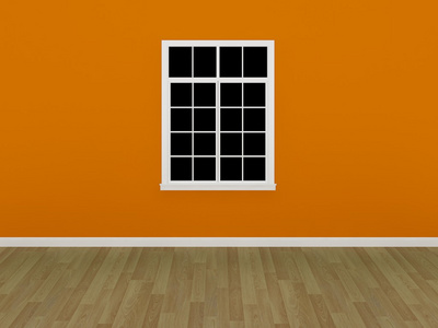 在空荡荡的房间的橘黄色的墙上窗