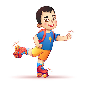 亚洲的小男孩骑在旱冰鞋上.快乐的孩子享有自由与速度照片