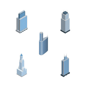 等距摩天大楼组塔 商务中心 城市景观和其他矢量对象。此外包括中心 建筑 外方位元素
