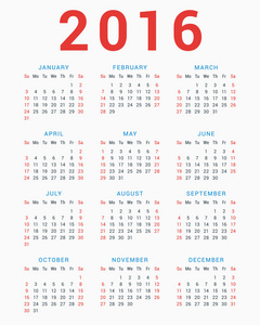 2016 年在白色背景上的日历。周从星期日开始。简单的矢量模板