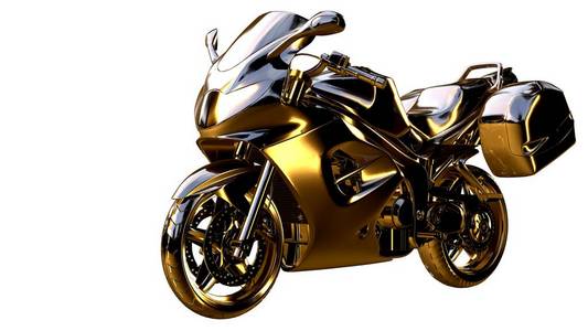 金色的摩托车在3d渲染上白色黑色孤立
