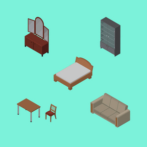 等距装饰的椅子 沙发 餐具柜和其他矢量对象集。此外包括沙发，家具，沙发元素