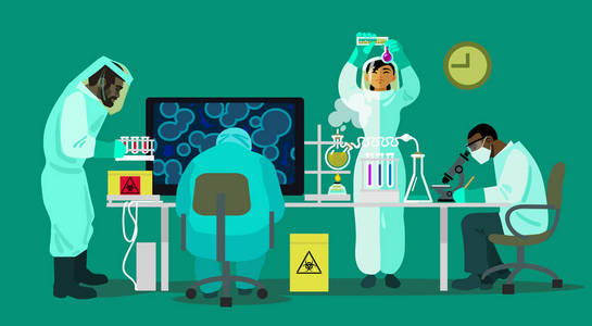 防护服的医生科学家在医学实验室做研究.