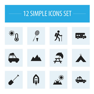 12 可编辑旅行图标集。包括拖车 温度 景观等符号。可用于 Web 移动 Ui 和数据图表设计