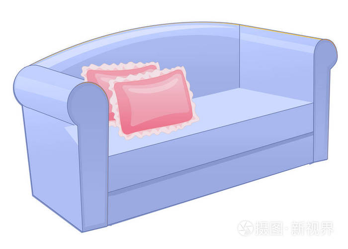 用粉红色枕头孤立在白色背景上的蓝色沙发矢量图