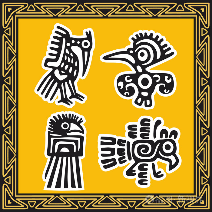 古代美洲印第安图案的一套.鸟