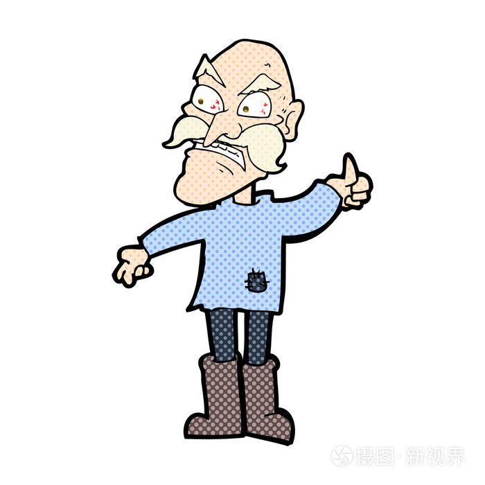 漫画卡通生气老人在打补丁的衣服