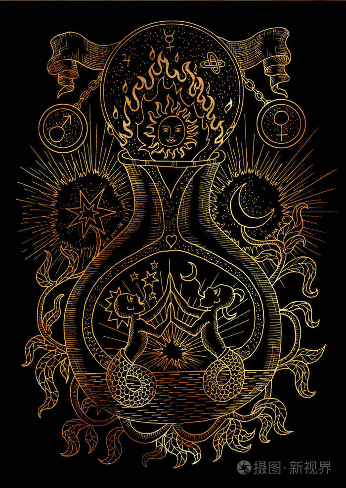炼金术符号,星座双子座概念与月亮, 太阳和星星在黑色背景上的神秘图