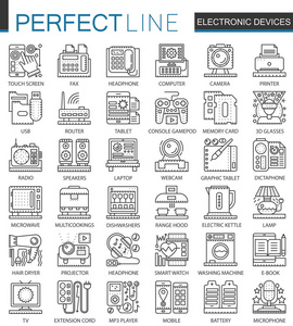 电子设备大纲迷你概念符号。家用小玩意现代脑卒中线性样式的插图集。完美的细线图标