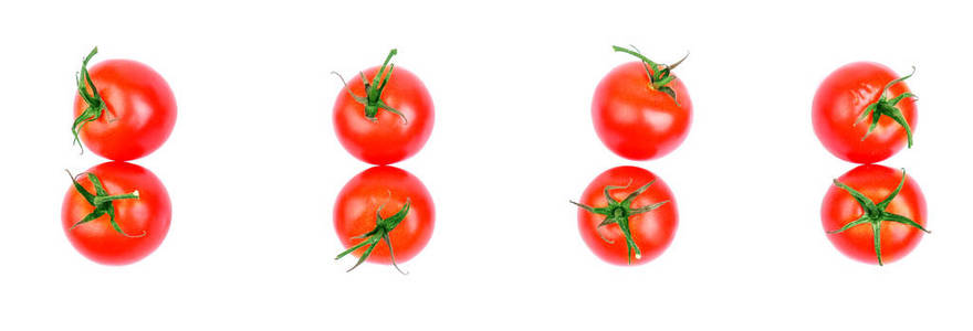 新鲜的西红柿，在白色的背景下，顶视图分离的集。绿色的叶子，为夏日沙拉西红柿红色一组。多汁，成熟的西红柿，从花园里