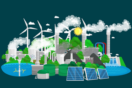 可再生生态能源图标 绿色城市电力替代资源的概念 环境节约新技术，太阳能和风力发电矢量图