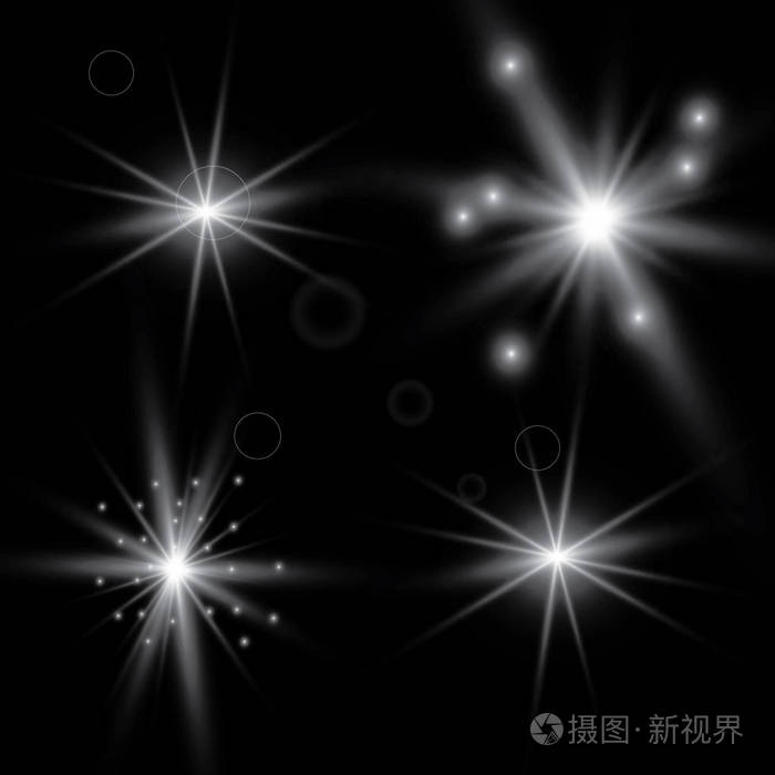 发光灯闪光灯爆炸和星星的疗效在一个黑暗的背景中分离的特殊效果