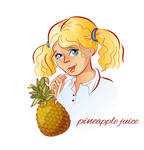 女孩喝菠萝汁