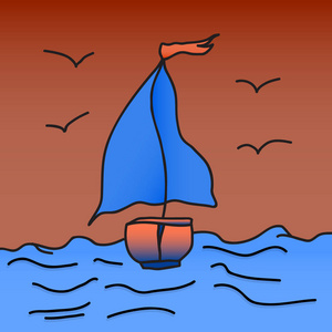 红帆的船漂浮在海浪上。矢量图。用手绘图