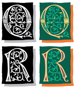 中世纪风格英文字母, q, r, 单声道和颜色照片