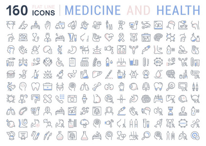 设置矢量扁线图标医学与健康