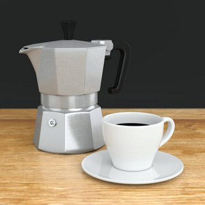 莫卡咖啡壶和白色陶瓷杯在木咖啡桌上。金属意大利咖啡壶。3d 插图
