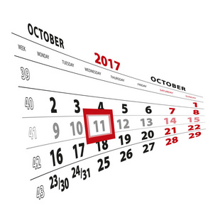 10 月 11 日在日历 2017年上突出显示。每周从星期一开始